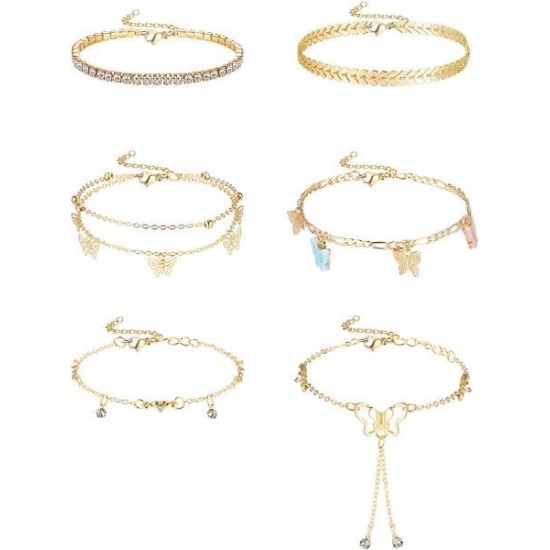 6Pcs Butterfly Chain Anklets For Women CZ Anklet Bracelets Set Adjustable Fashion Evil Eye Anklets 6Pcs Butterfly Chain Anklets For Women CZ Anklet Bracelets Set Adjustable Fashion Evil Eye Anklets